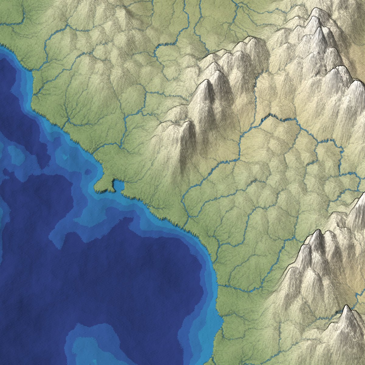 redblobgames's tweet photo. Here's 738k polygon regions (4.7M rendered triangles). Way too much detail to show in a 2048x2048 screenshot. You can see the hills are looking too regularly spaced. The creeks are too small to see. #mapgen4 was not designed for this. https://t.co/0bEJmHDIz9