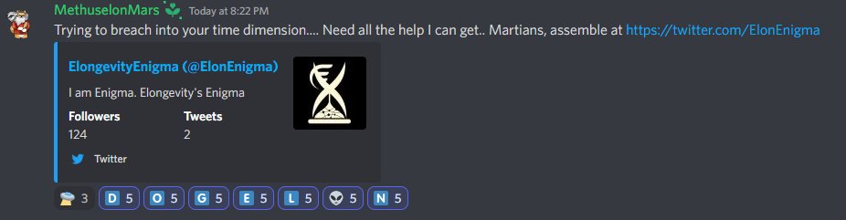 DogelonWarriors's tweet photo. Martians and Warriors,

Methuselon Mars has asked us to follow "Elongevity's Enigma"

We believe something major is about to occur

https://t.co/uLQYMkFJJV https://t.co/Fy7Yp7i5Ip
