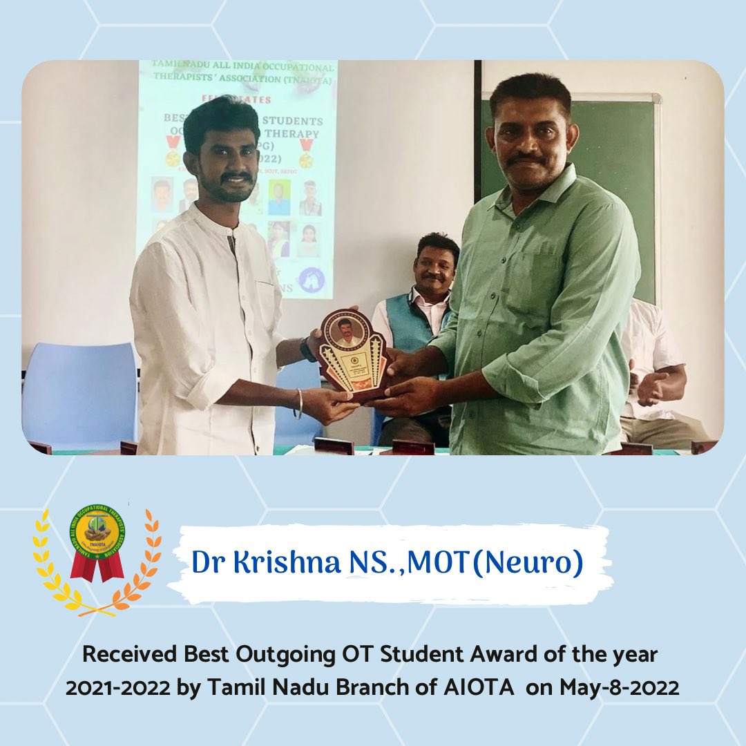 drkrishnansk's tweet photo. Best outgoing student of the year 2021-2022 from the TNAIOTA 
#tnaiota #kmch #OccupationalTherapy 
#tamilnadu #otst #tamilagam #CMOFFICE https://t.co/EKh4EMlvfg