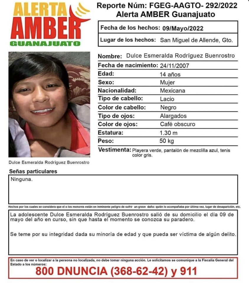 QuePocaMadre_Mx's tweet photo. ¡TU PODRÍAS AYUDARNOS A LOCALIZARLA!

Dulce Esmeralda Rodríguez Buenrostro de 14 años de edad, última vez vista en #SanMiguelDeAllende, #Guanajuato https://t.co/fUTfpVUxlD