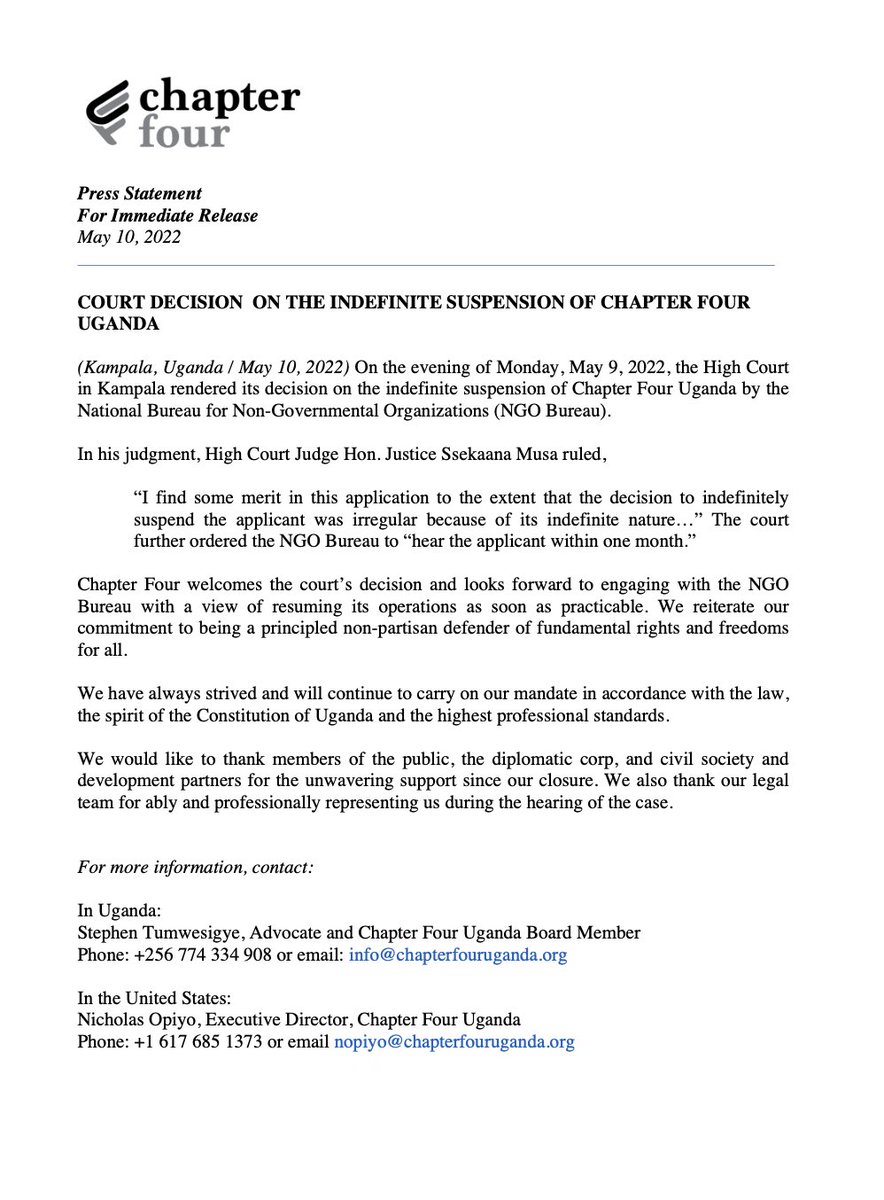 chapterfourug's tweet photo. STATEMENT: The High Court has rendered its decision on the indefinite suspension of our NGO permit by the @NGObureau

We welcome the court’s decision and look forward to engaging with the Bureau with a view of resuming our operations as soon as practicable.

#CivicSpace | #Uganda https://t.co/bMlU7xFV1l