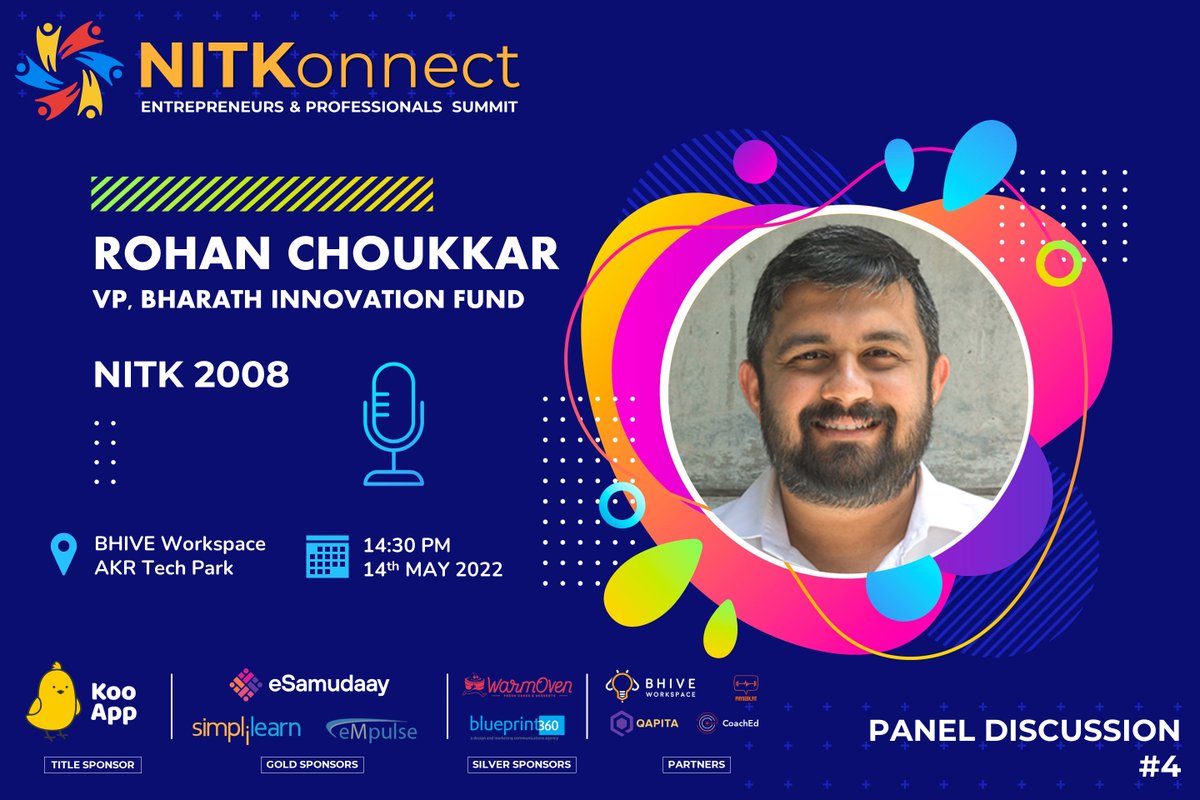 PrabhuKeDarshan's tweet photo. Meet Rohan Choukkar (@choukkar ) VP - @bharat_fund at the #InvestorPanel and during the #Networking sessions.
Register for #NITKonnect 2022 here: https://t.co/023kraq7MQ https://t.co/Uh2AE1SLNu