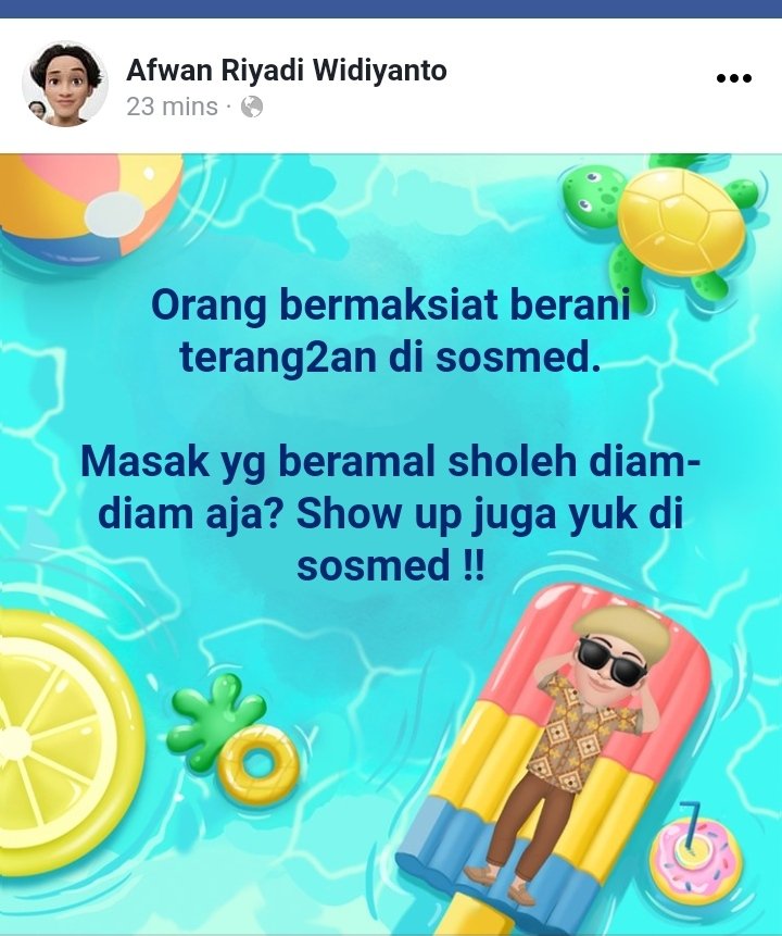 Yuklah

Bodo amat dibilang riya', itu urusan kita dengan TUHAN. Yang penting ramaikan sosmed dengan konten2 kebaikan &amp; amal Soleh.

Gimana setuju?