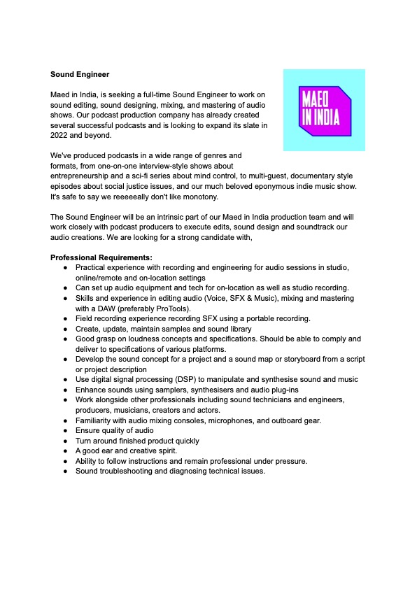 maebemaebe's tweet photo. WE ARE HIRING! @maedinindia is looking for a Sound Engineer! It's a full time position, Bombay-based and can contribute to our bad jokes culture (There are a pile of other requirements listed in the doc below). Please email your CV, sample of your work to jobs[at]maed[dot]in. https://t.co/NN0b3c3RcE