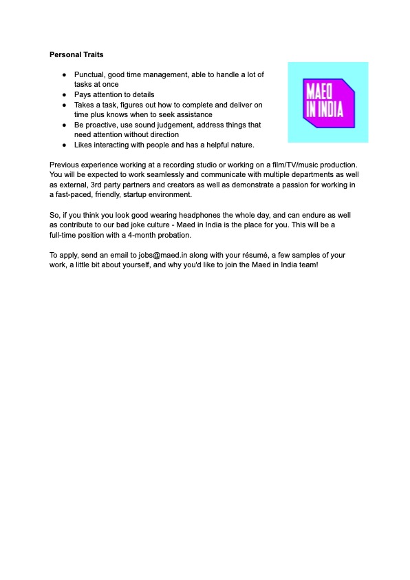 maebemaebe's tweet photo. WE ARE HIRING! @maedinindia is looking for a Sound Engineer! It's a full time position, Bombay-based and can contribute to our bad jokes culture (There are a pile of other requirements listed in the doc below). Please email your CV, sample of your work to jobs[at]maed[dot]in. https://t.co/NN0b3c3RcE