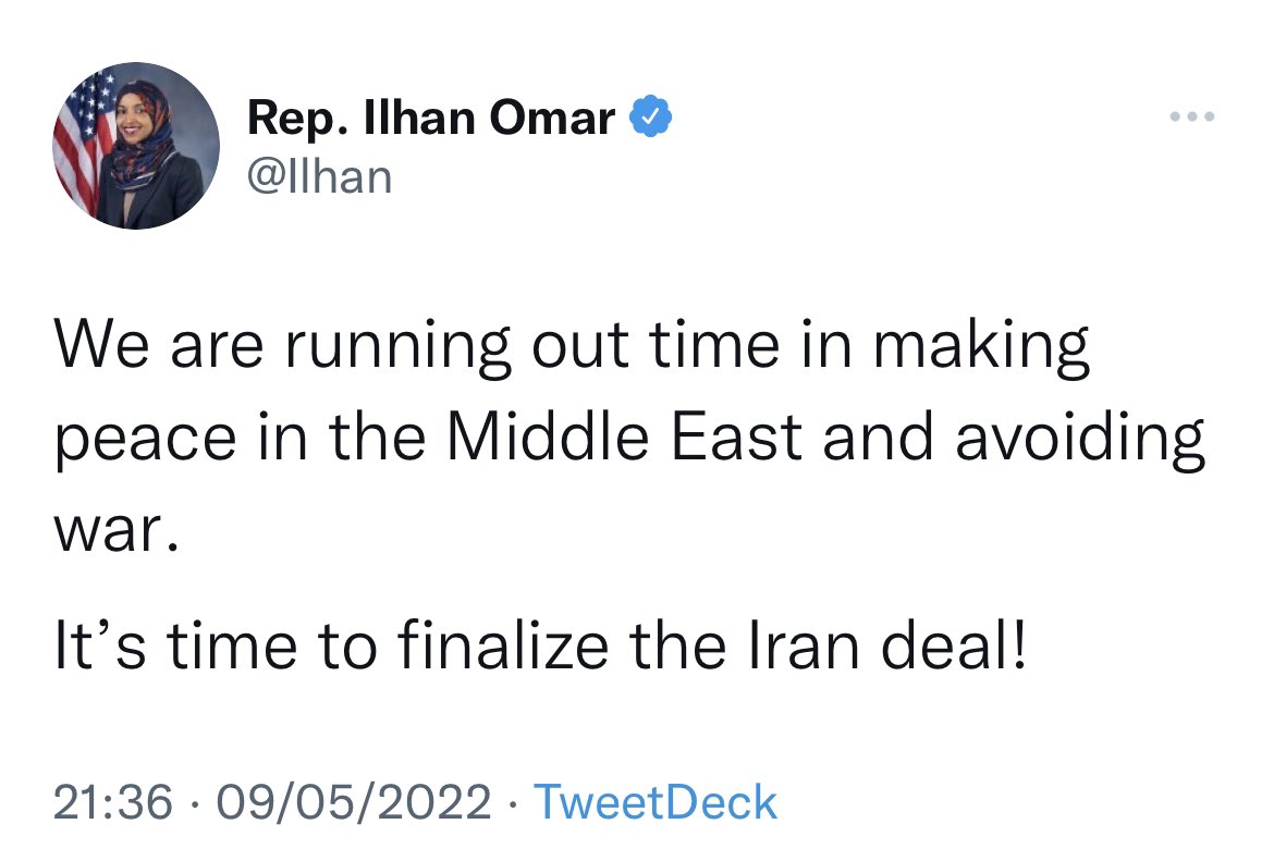 emilykschrader's tweet photo. Ilhan Omar opposes the #AbrahamAccords and *actual peace* in the Middle East while shilling for Iran. Can’t make this up. https://t.co/iRrknkM8h6