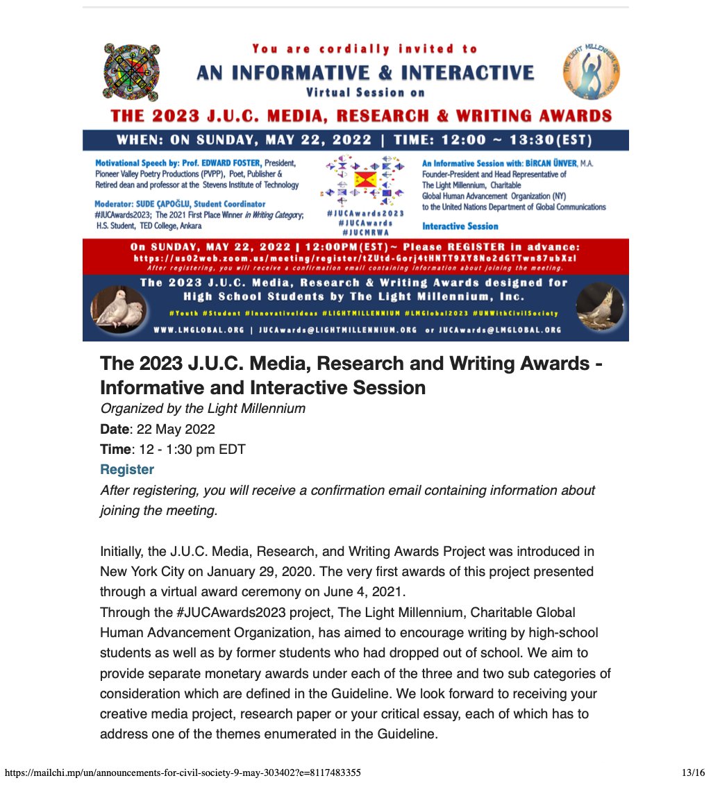 lightmillennium's tweet photo. Thank you to @UNDGC_CSO for the inclusion of the #JUCAwards2023 "Informative & Interactive" session's (May 22) inclusion in the #UNDGC_CSO's Weekly Announcements (p:13).
@SudeCapoglu #highschools #awards #media #research #writing #UNWithCivilSociety
https://t.co/LbF4u4YPyr https://t.co/jaZKtmZG41