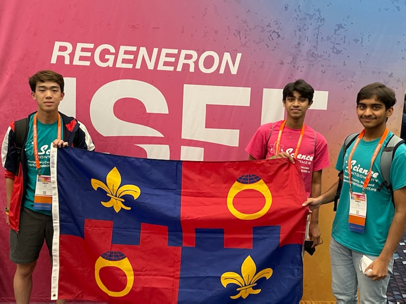 Scimontgomery's tweet photo. Opening Ceremony kicking thing off, &amp; we're #soproud of our Finalists Orion, Muhil, and Dhruv, who are representing Montgomery County, MD, in Atlanta at the 2022 @Society4Science #RegeneronISEF! (That's our #Maryland flag first, and our #MoCo flag second.) https://t.co/Xf4JNOvDni