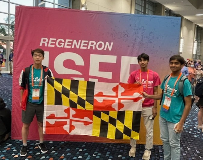 Scimontgomery's tweet photo. Opening Ceremony kicking thing off, &amp; we're #soproud of our Finalists Orion, Muhil, and Dhruv, who are representing Montgomery County, MD, in Atlanta at the 2022 @Society4Science #RegeneronISEF! (That's our #Maryland flag first, and our #MoCo flag second.) https://t.co/Xf4JNOvDni