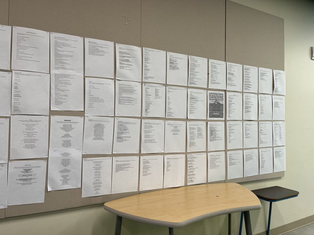 PullmanODS's tweet photo. If you come by the 8th grade hallway be sure to check out the student poetry. Perfect cross curricular activity to combine my media literacy with @lindvalljoseph poetry studies. Many chose to enter the @pulitzercenter contest. The diversity and creativity is astounding! https://t.co/DvVwXQAJeh