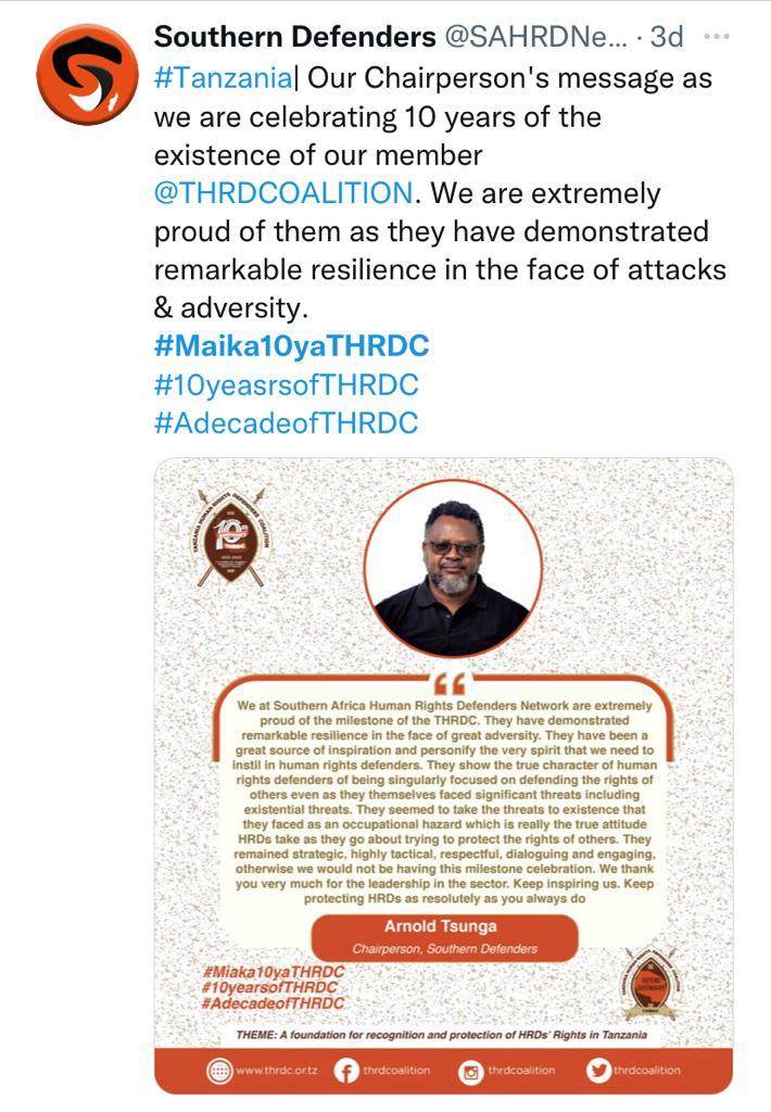 THRDCOALITION's tweet photo. Road to 10th anniversary of @THRDCOALITION
Thank you @SAHRDNetwork
@tsunga_arnold
#AdecadeofTHRDC
#Miaka10yathrdc
#10yrsofthrdc
@OlengurumwaO https://t.co/VJnWjoPVXl