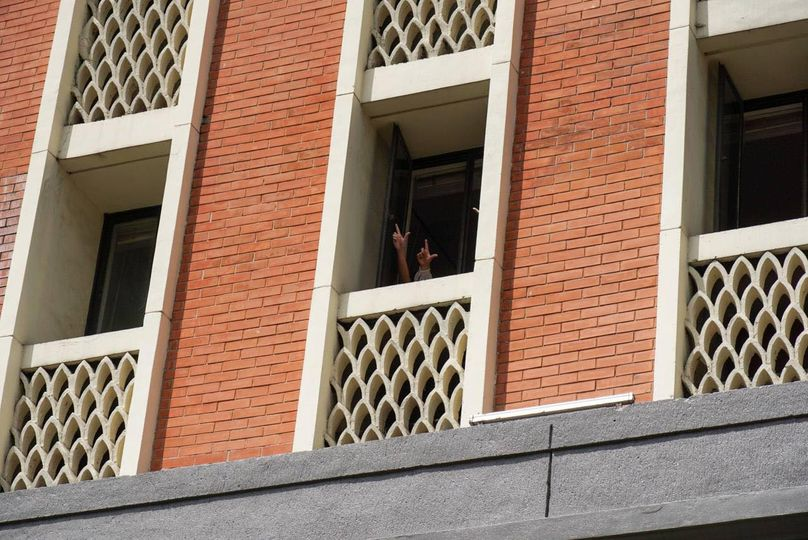 Individuals from inside the main COMELEC building in Intramuros appear to be making the "Laban" hand-sign associated with both the 1986 EDSA People Power Revolution and the campaign of Presidential candidate Vice President Leni Robredo.

character development ba i2 comelec 🥹🥹🥹