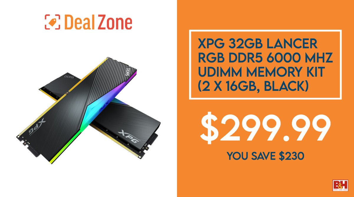 BHDealZone's tweet photo. Only $299.99 for the XPG 32GB Lancer RGB DDR5 6000 MHz UDIMM Memory Kit (2 x 16GB, Black) https://t.co/sNucafTSHU You save $230! https://t.co/wy3ACSVzTZ