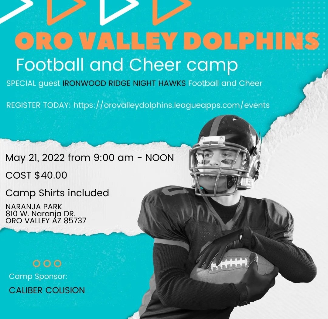 OV_Dolphins's tweet photo. MAY FOOTBALL AND CHEER CAMP
Registration is now open! May 21, 2022 Football and Cheer camp with Ironwood Ridge Football Players and Cheerleaders. $40.00 and includes a camp shirt.
Thank you Caliber Collision for sponsoring our camp!
REGISTER HERE: 
https://t.co/OKc0pk8qvs... https://t.co/VZQmIXQwBG