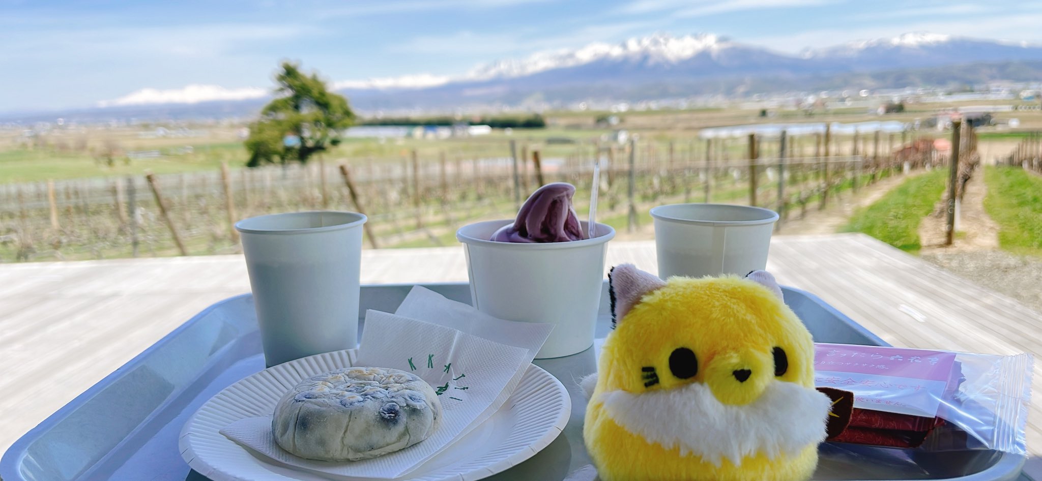 カプチーノ カンパーナ六花亭 ふらの餅とぶどうソフトとコーヒー 道中で出会ったご当地だんごのきつねだんごと T Co Itf9vgkyvd Twitter