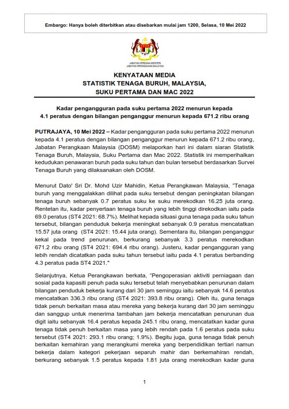 DOSM_MBLS's tweet photo. KENYATAAN MEDIA DOSM:
STATISTIK TENAGA BURUH, MALAYSIA, MAC & SUKU TAHUNAN PERTAMA 2022
#MBLS #DOSM #LabourForceStatistics #LMIAP #MyLMID https://t.co/y0kCK6lYAF