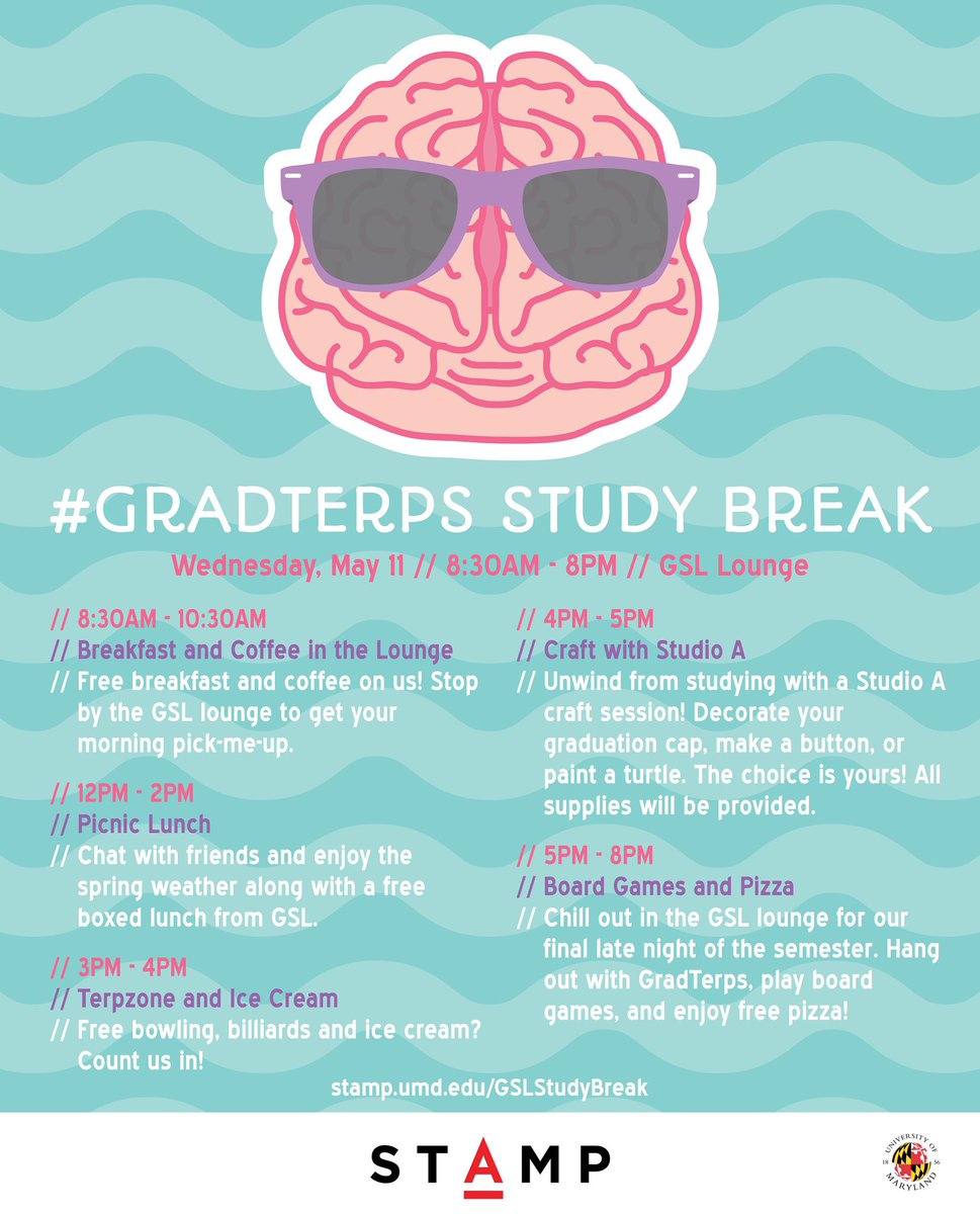 UMDGSL's tweet photo. STUDY BREAK IS BACK!! 🥳🥳
Join us this Wednesday for a fun-filled day of activities that are sure to help you destress and unwind before finals! SWIPE ➡️ to see the full schedule or visit https://t.co/aKiGEqxfOs https://t.co/PjWI1ViW3a