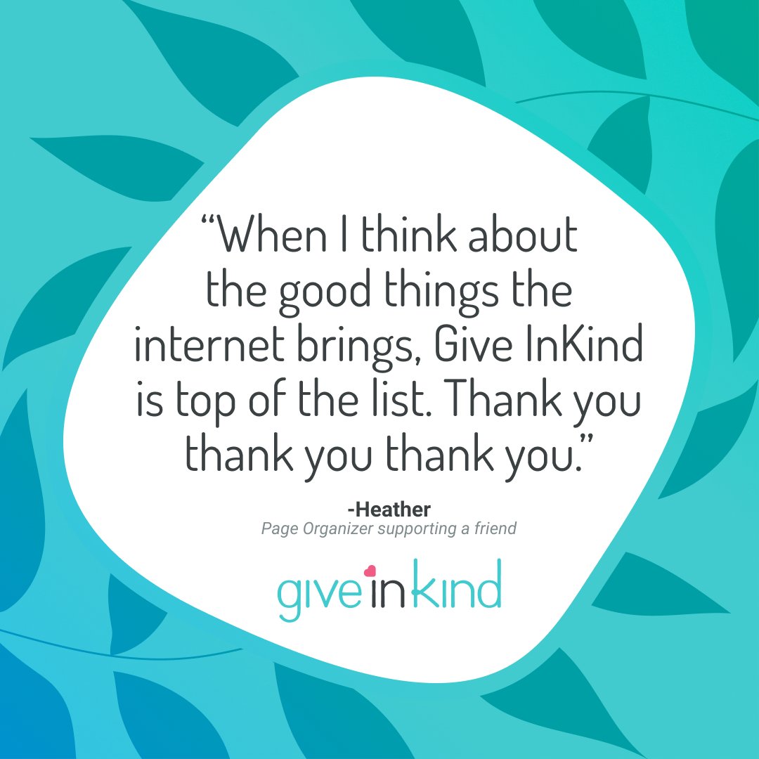 giveinkind's tweet image. &quot;When I think about the good things the internet brings, Give InKind is top of the list. Thank you thank you thank you.&quot; - Heather, Page Organizer supporting a friend
What is your favorite good thing the internet has brought into the world? #socialgood #authentech #helpthehelpers