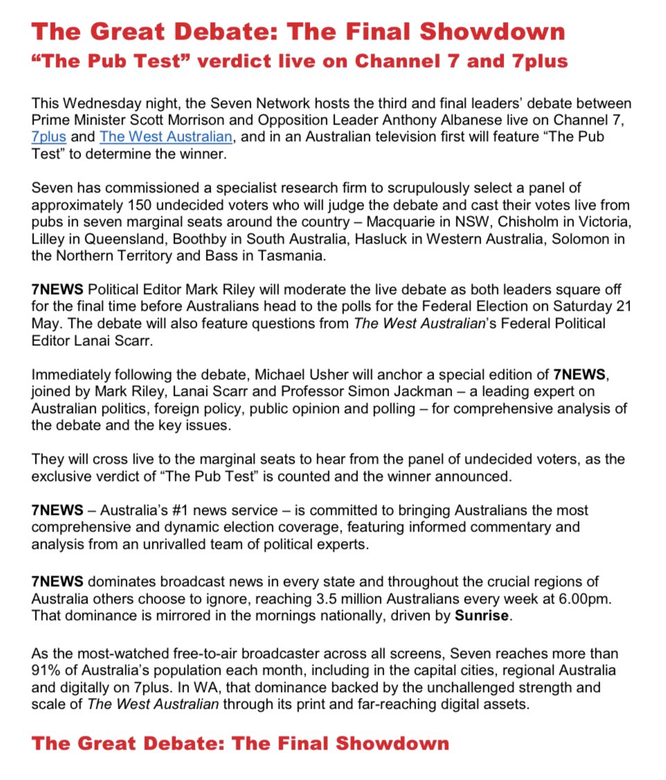 Bring on the final showdown tomorrow night. It’s the final debate … including the ultimate pub test. Undecided voters in seven marginal seats will vote for the winner. Big night of 📺. <a href="/7NewsAustralia/">7NEWS Australia</a>