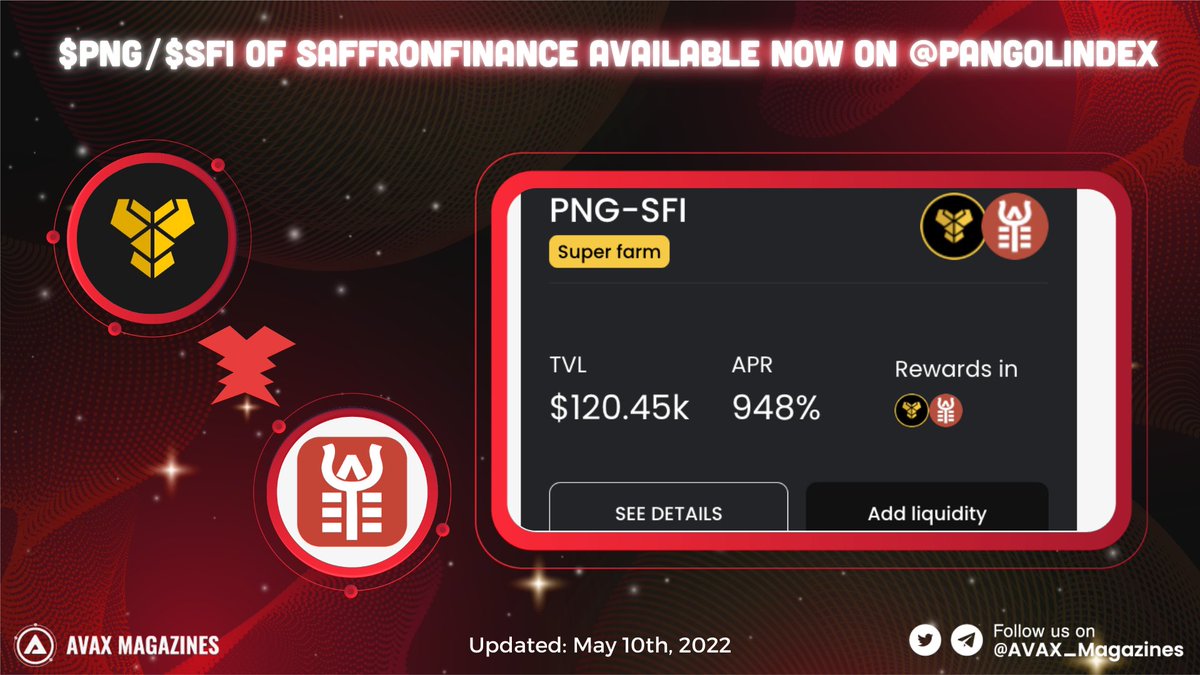 AVAX_Magazines's tweet photo. 🤗 @pangolindex is a Super Farm Partner of @saffron  

👉 Now we can find $PNG / $SFI on #pangolindex  

This make earn double rewards in #SFI &amp; #PNG 🙀

🌐Swap here: https://t.co/pHXlR7MFmd

#AVAX #Avalanche $AVAX #Avax_Magazines #Crypto #USDC #AvalancheNFT #NFTs https://t.co/B0CXmZ6yx4