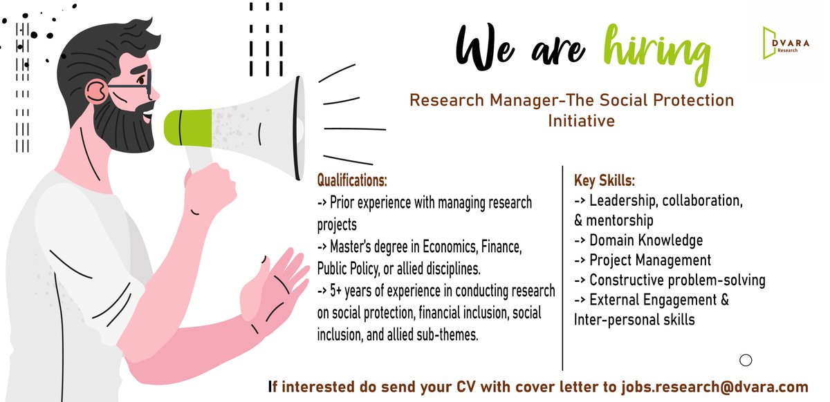 #WeAreHiring 

We are looking for #researchmanager for the #socialprotection #initiative.

Click here for JD: dvara.com/research/wp-co…

Interested candidates do send your #CV with cover letter to jobs.research@dvara.com
