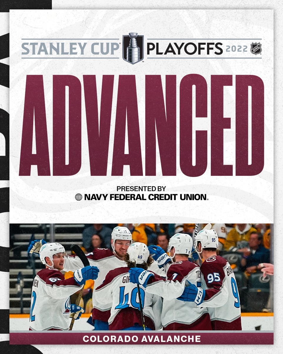 NHL's tweet photo. MOVING ON 🏔️ 

The @Avalanche complete the sweep and are the first team to advance to the Second Round! 

#StanleyCup Series wins presented by @NavyFederal https://t.co/j9GF12vMfj