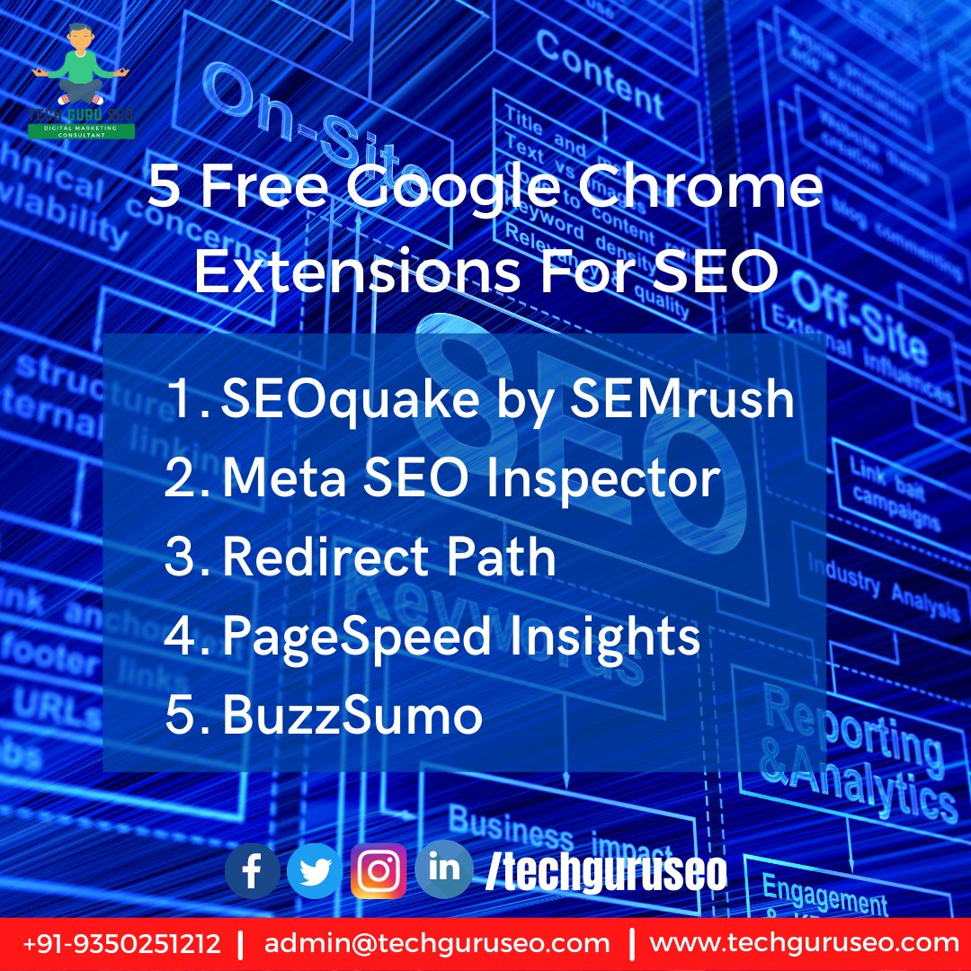 TechGuruSeo's tweet photo. Looking for free SEO-related Google Chrome extensions that help save time and get more done?
1 – SEOquake by SEMrush
2 – Meta SEO Inspector
3 – Redirect Path
4 – PageSpeed Insights 
5 – BuzzSumo 
#techguruseo #digitalmarketingagency https://t.co/5MOndUqmw2
