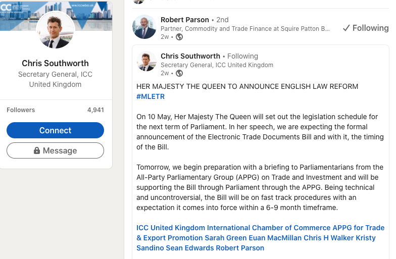 UtilityTheory's tweet photo. @stanleybb50 @PiusVir @IamPappaLaj I would say 95% yes. Seems like the UK is ready to trade digitally @chrisouthworth says HER MAJESTY is announcing a speech on #MLETR. He's with the @iccwbo a global consortium of powerhouse companies helping SMEs around the world. #DLT #tradetwitter #tradedigitalization https://t.co/WDjH8lFiT8