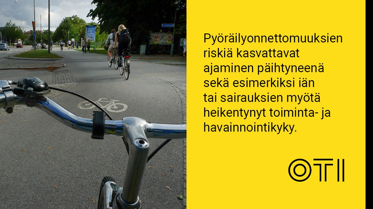 Suomessa kuolee liikenteessä vuosittain parikymmentä pyöräilijää. Valtaosa menehtyneistä pyöräilijöistä on yli 54-vuotiaita. Onnettomuudet painottuvat taajamiin.
Lue lisää tänään julkaistusta OTI-pyöräilyraportista:
lvk.fi/liikennevakuut…
#pyöräilyviikko #pyöräily #onnettomuus