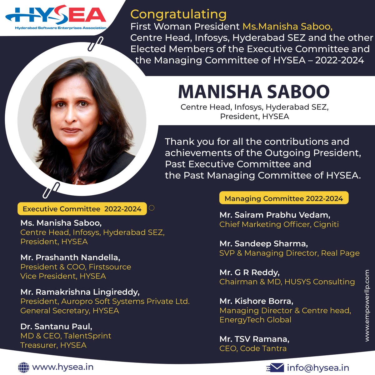 HYSEA1991's tweet photo. It gives us great pleasure to share with you that HYSEA has elected its first Woman President &amp; Other Executive Committee Members &amp; Managing Committee at 30th Annual General Body Meeting @Manisha_saboo, Centre Head, Infosys, Hyderabad SEZ, will be the President, HYSEA for 2022-24 https://t.co/oXIeBaO53z