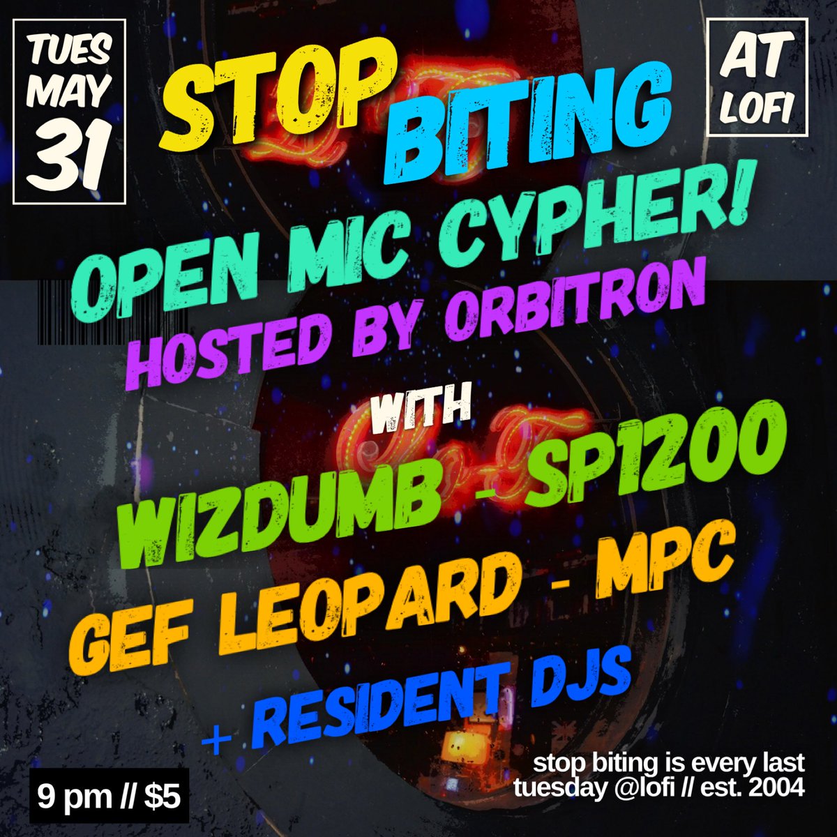 May 31 <a href="/StopBitingLoFi/">Stop Biting</a> Open Mic Cypher! Hosted by Orbitron w/ <a href="/WIZDUMB206/">WIZDUMB</a> on the SP1200, Gef Leopard on the MPC! + Resident DJs <a href="/bsoluteMadman/">DJ Can't Stand Ya</a> <a href="/introcut/">introcut</a> <a href="/djmagicsean/">dj magic sean</a> <a href="/ac_lewis/">AC Lewis</a>  9pm $5 <a href="/lofiseattle/">Lo-Fi Performance Gallery</a> Event link… facebook.com/events/s/may-3…