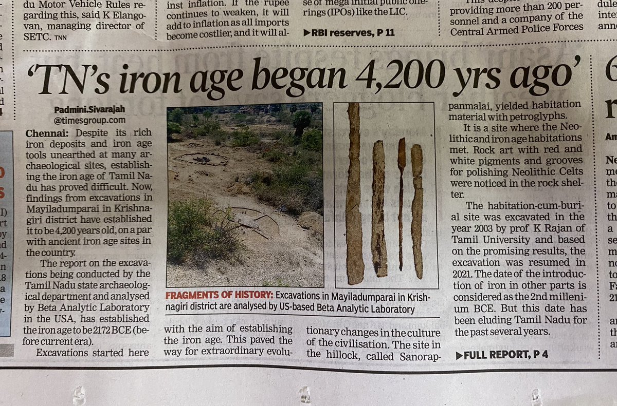 RuchiPritam's tweet photo. Usage of iron ore 4200 yrs ago in TN. Other sites of habitation with usage of iron ore from similar time include Karnataka, UP MP WB, Jharkhand, Maharashtra. 
This further disproves the AIT nonsense as Bharat was well inhabited &amp; no invasion led to sudden shift of ppl to South. https://t.co/aQTN1zGJMo