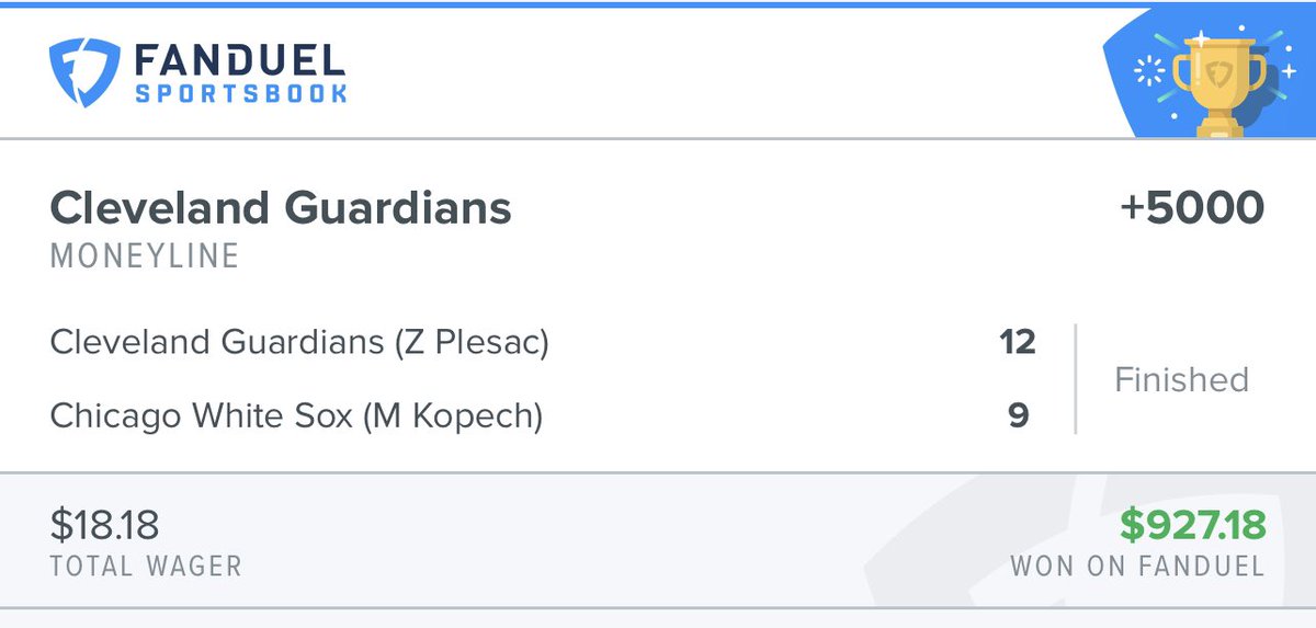 FanDuelSports's tweet photo. This bettor took the Guardians when they were +5000 and turned $18 ➡️ $927.18 🤯

Ya gotta respect it 👏

(also, shoutout Josh Naylor) 

(via @FNTSYPHILOSOPHY) https://t.co/zKv1rMXkgU