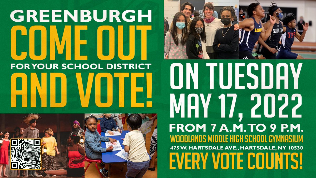 GreenburghCSD's tweet photo. Greenburgh Community! Come out for your school district and vote! Tuesday, May 17, 2022, from 7 a.m. to 9 p.m. at Woodlands Middle High School Gymnasium.

EVERY VOTE COUNTS!

For the latest info on this year's budget: https://t.co/LxHkdEI42G

Questions: budget@greenburghcsd.org https://t.co/L3v8Ihc5MO