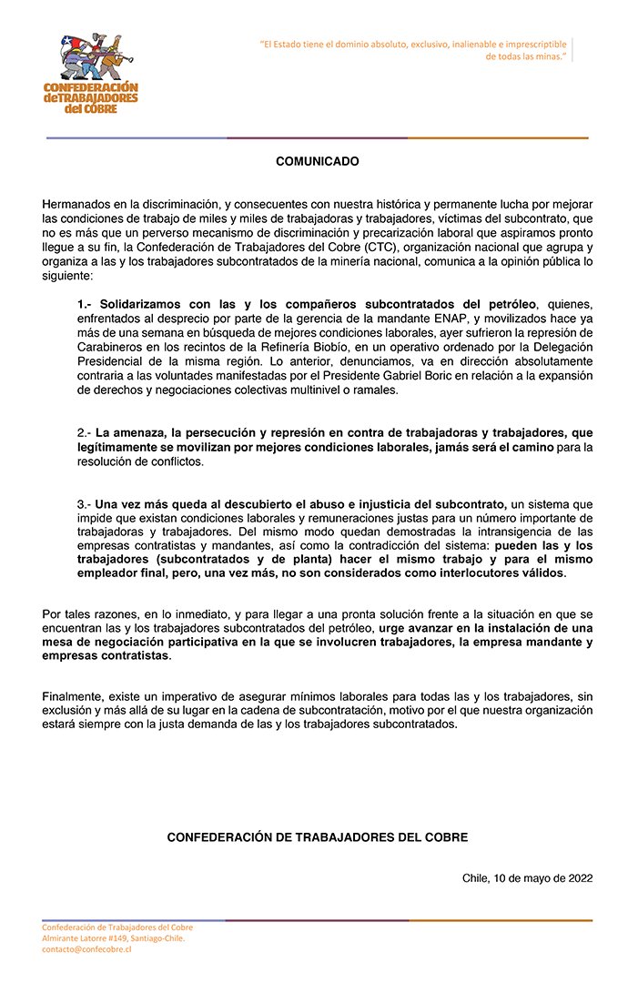 ConfeCobre's tweet photo. #ComunicadoCTC x mov de trabajadores del petróleo | Una vez más queda al descubierto el abuso e injusticia del subcontrato: pueden las y los trabajadores hacer el mismo trabajo y para el mismo empleador final, pero, una vez más, no son considerados como interlocutores válidos. https://t.co/TMKp9aBrvU
