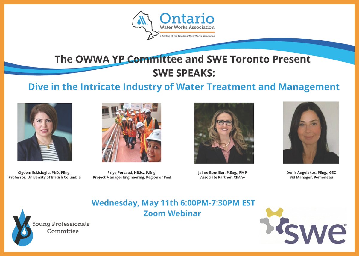 Join SWE and OWWA on May 11 to discuss the water industry, and the role women are playing in shaping its future. Register here: owwa.ca/events-list.ht…