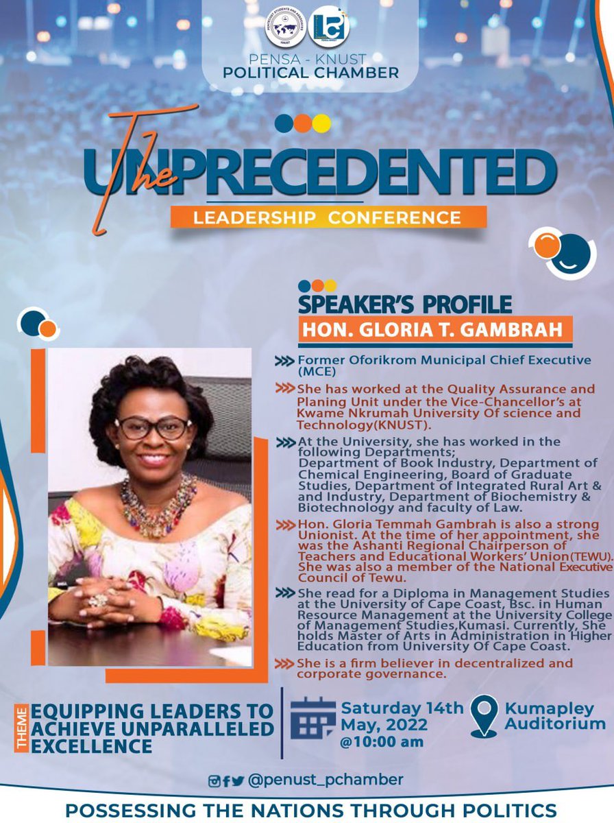 PENUST_PChamber's tweet photo. SPEAKER’S PROFILE 

 One of our speakers to speak at The UNPRECEDENTED Leadership Conference is HON. GLORIA T. GAMBRAH 

Hon. Gloria Gambrah is the Former Oforikrom Municipal Chief Executive(MCE). https://t.co/vc4x4jDFMq