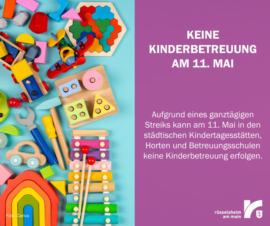 Bitte beachten‼️ ver.di-Streik: Keine Kinderbetreuung in städtischen Einrichtungen am 11. Mai. Es ist kein Betreuungsnotdienst eingerichtet. ℹ️ Vom Streik nicht betroffen ist der normale Schulunterricht. Mehr Infos gibt's hier 👉 sohub.io/fvqr
