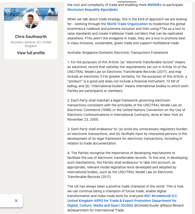 UtilityTheory's tweet photo. @stanleybb50 @PiusVir @IamPappaLaj I would say 95% yes. Seems like the UK is ready to trade digitally @chrisouthworth says HER MAJESTY is announcing a speech on #MLETR. He's with the @iccwbo a global consortium of powerhouse companies helping SMEs around the world. #DLT #tradetwitter #tradedigitalization https://t.co/WDjH8lFiT8