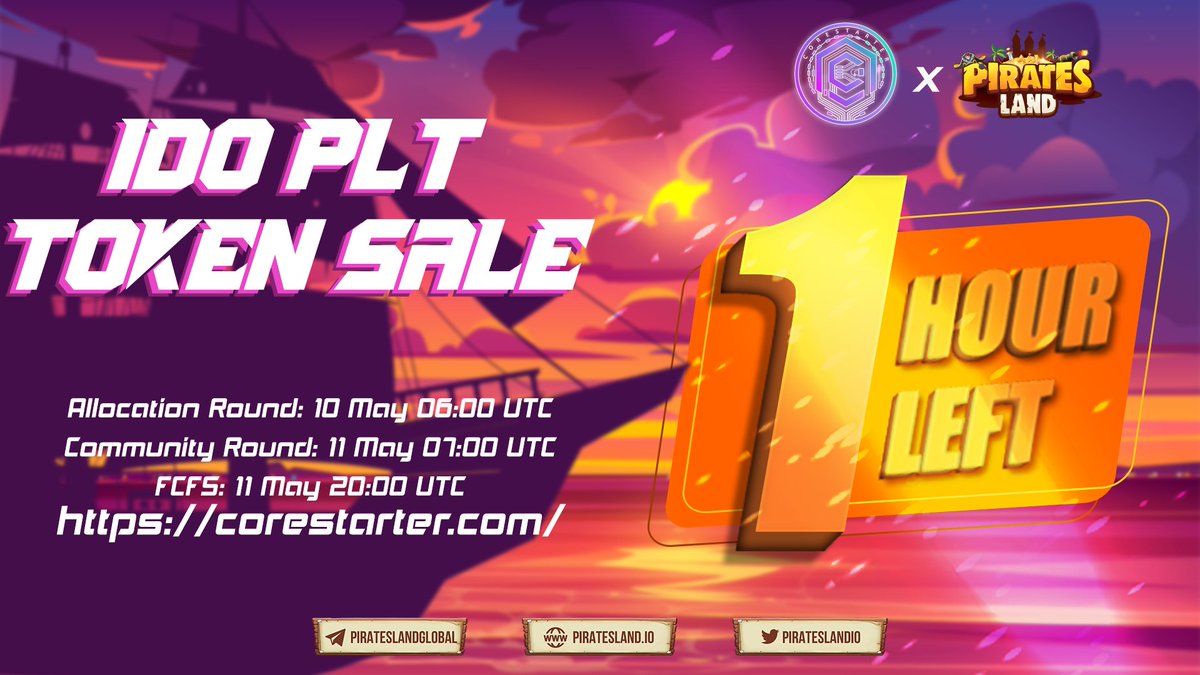 PiratesLando321's tweet photo. 🧨ONLY 1 HOUR LEFT UNTIL PIRATES LAND X CORESTARTER IDO!🧨

👉On: https://t.co/KoLSL4jfxO

⏰Time: 6:00 UTC on May 10th, 2022
💰Price: $0.03
💰Raise amount: $100,000

#PiratesLand #PLT #TreasureVerse #IDO #CoreStarter #Thepublicsail https://t.co/OEl43bTBny