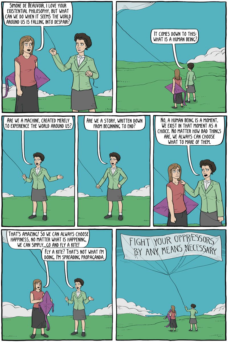 Flying Kites with Simone de Beauvoir

Moin :)

existentialcomics.com/comic/445

"Purely as a philosophical thought experiment, of course, I would have to say that violence is sometimes needed to achieve justice."