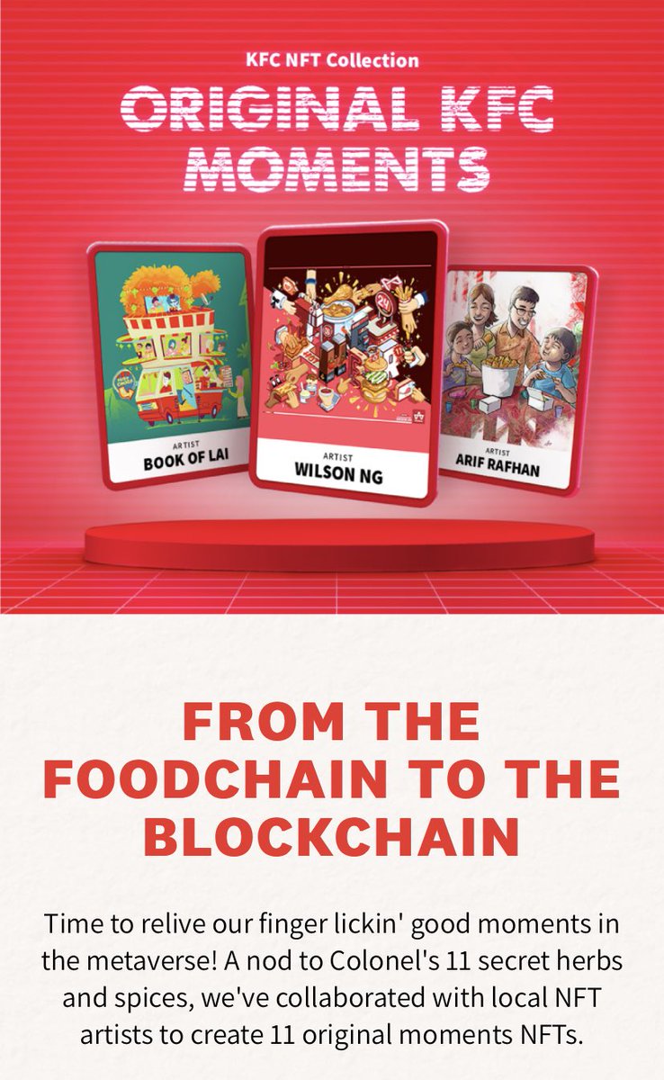 ⚡️KFC X ARIF RAFHAN⚡️
So excited to announce my collab with KFC Malaysia on OpenSea! 🔥
NFT owners will receive RM20 KFC e-voucher EVERY MONTH FOR A YEAR (till 1/6/23) &amp; 1 OF IT IS A GA! Details here: itsfingerlickingood.kfc.com.my/nft/

#OriMomentKFC #ItsFingerLickinGood