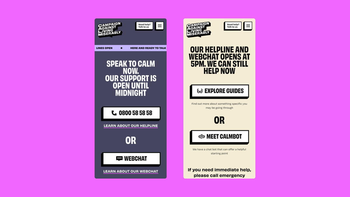 CALM knows awareness is nothing without action, so we’ve helped create a new <a href="/theCALMzone/">CALM</a> for anyone struggling with life. Case study coming soon. Build by <a href="/wearesubism/">Subism</a>

Visit the site 👉 thecalmzone.net

#MentalHealthAwarenessWeek #ChooseAction