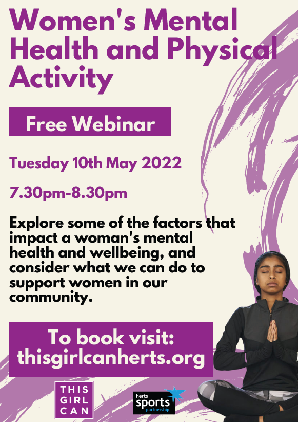 Still time to register for our 2nd webinar in the This Girl Can in Herts 2022 series.

- Women's Mental Health &amp; Physical Activity
- TONIGHT
- 7.30pm

Register ➡️ bit.ly/3KtgHPr

<a href="/ThisGirlCanUK/">This Girl Can</a>