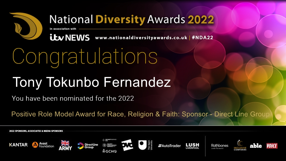 ndawards's tweet photo. Congratulations to Tony Tokunbo Fernandez @afripoet who has been nominated for the Positive Role Model Award for Race, Faith &amp; Religion: sponsored by @DLGroupMedia at The National Diversity Awards 2022 in association with @itvnews. To vote please visit https://t.co/As2Eiac2mw https://t.co/aksUD9vxU2