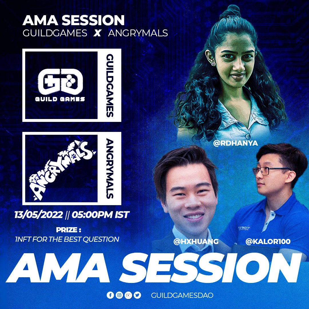 🔊We are delighted to announce our next #AMA with <a href="/angrymals/">Angrymals</a> 

📆13th MAY 2022 at 5:00 PM IST

⏩Venue: discord.gg/guildgames 

🎁 1 NFT for the best question

🔹Follow 
🔹Like, RT &amp; Comment
🔹Tag 3 Friends 

#GuildGames #Angrymals #solchicks #AMA