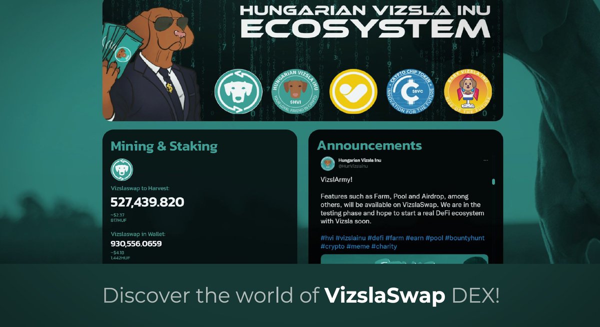 HunVizslainu's tweet photo. #VizslaSwap home screen shows the gains we have collected so far from all the stake and pool functions of the site.

https://t.co/43mmM2uRFC

#HungarianVizslaInu #neckermann #nck #CryptoChip #BVC #BabyVizsla #swap #DeFi https://t.co/wuXwD8NMbv