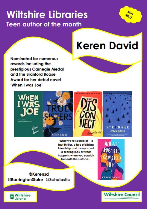 WiltsLibraries's tweet photo. We love Keren David, she's our teen author of the month for May! Borrow & reserve these books for free from any Wiltshire library #WYOR @kerensd @BarringtonStoke @Scholastic https://t.co/UZC91pnEkG