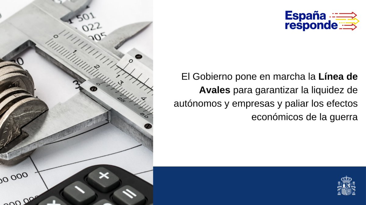 desdelamoncloa's tweet photo. El #CMin aprueba las características del primer tramo de la Línea de Avales para autónomos/as y empresas, por importe de hasta 5.000 M€

➡️Forma parte de las medidas incluidas en el Plan de respuesta a la guerra de Rusia en Ucrania

#EspañaResponde https://t.co/Ef9qVQ6fwX