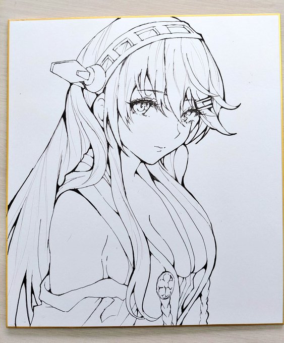 今週の神戸かわさき9には初の同人誌と色紙などを持っていきます胸の露出が増えた榛名～の色紙を急に書き始めた!笑皆様よろしくお願い致します。#艦これ 